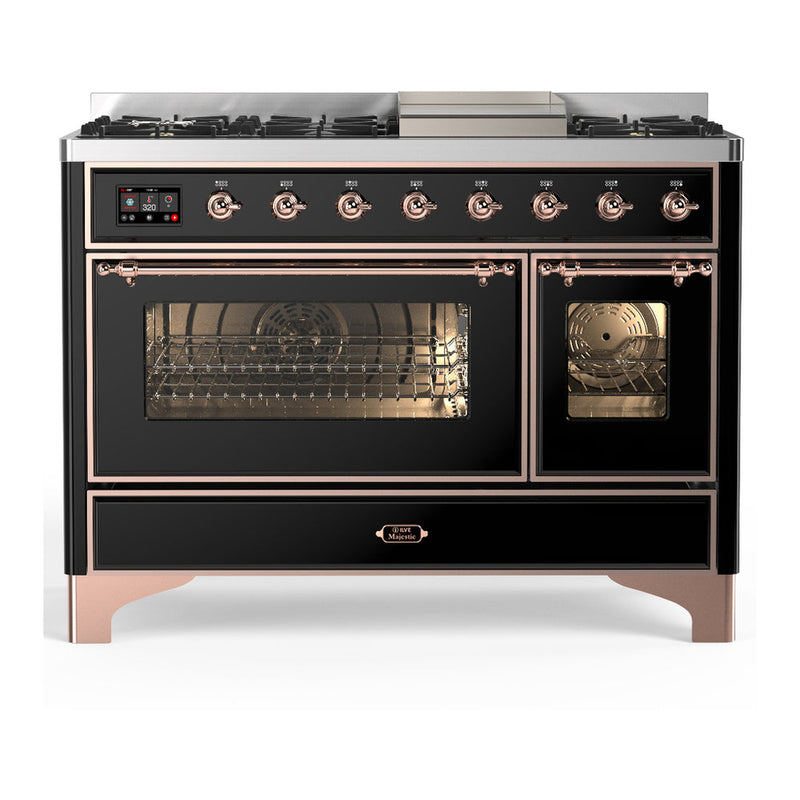 ILVE UM48FNR3BKPLP Majestic III 48 inch Dual Fuel Range with 8 Burners and Griddle, Dual Function Burner up to 25,000 BTU (Liquid Propane, Triple Glass Door, Glossy Black, Copper) ILVE