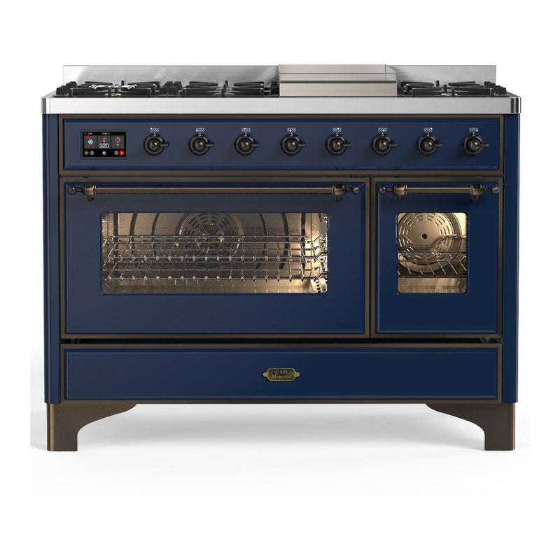 ILVE UM48FNR3MBB Majestic III 48 inch Dual Fuel Range with 8 Burners and Griddle, Dual Function Burner up to 25,000 BTU (Natural Gas, Triple Glass Door, Midnight Blue, Burnished) ILVE