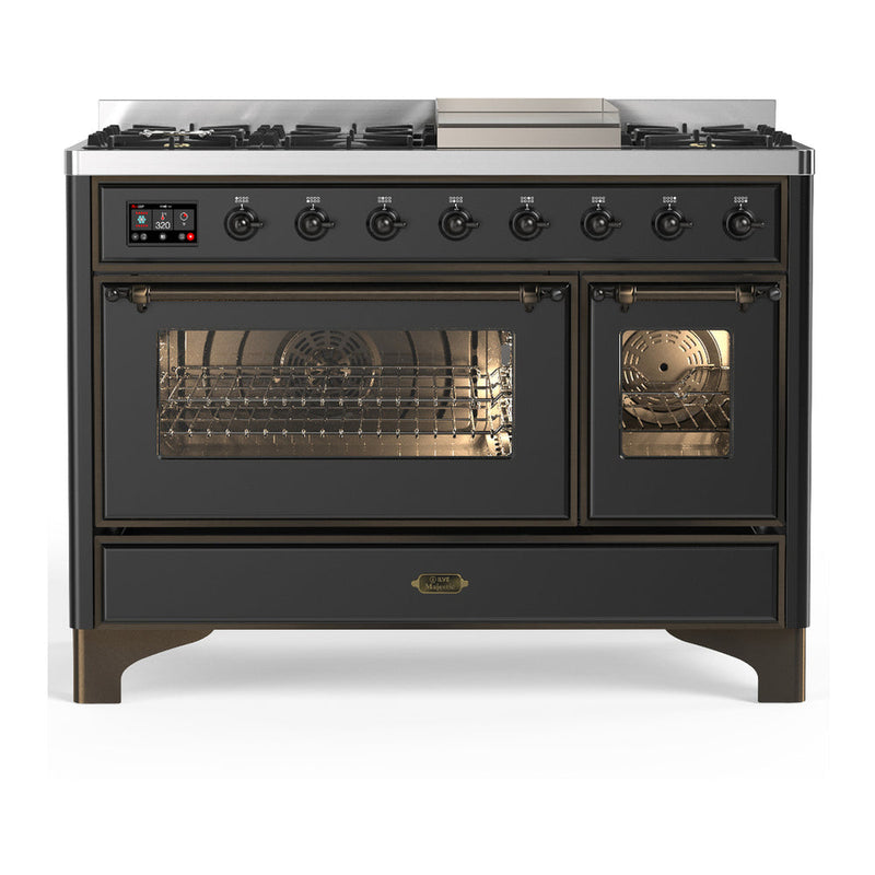 ILVE UM48FNR3MGB Majestic III 48 inch Dual Fuel Range with 8 Burners and Griddle, Dual Function Burner up to 25,000 BTU (Natural Gas, Triple Glass Door, Graphite Matte, Burnished) ILVE
