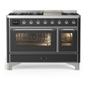 ILVE UM48FNR3MGC Majestic III 48 inch Dual Fuel Range with 8 Burners and Griddle, Dual Function Burner up to 25,000 BTU (Natural Gas, Triple Glass Door, Graphite Matte, Chrome)