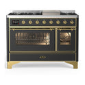 ILVE UM48FNR3MGG Majestic III 48 inch Dual Fuel Range with 8 Burners and Griddle, Dual Function Burner up to 25,000 BTU (Natural Gas, Triple Glass Door, Graphite Matte, Brass)