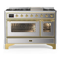 ILVE UM48FNR3SSG Majestic III 48 inch Dual Fuel Range with 8 Burners and Griddle, Dual Function Burner up to 25,000 BTU (Natural Gas, Triple Glass Door, Stainless Steel, Brass)
