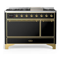 ILVE UM48FQNR3BKG Majestic III 48 inch Dual Fuel Range with 8 Burners and Griddle, Dual Function Burner up to 25,000 BTU (Natural Gas, Solid Door, Glossy Black, Brass)