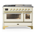ILVE UM48FSNR3AWG Majestic III 48 inch Dual Fuel Range with 5 Black Brass Burners, Griddle and French Top, Dual Function Burner up to 25,000 BTU (Natural Gas, Triple Glass Door, Antique White, Brass)