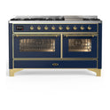 ILVE UM60FNR3MBG Majestic III 60 inch Dual Fuel Range with 9 Burners and Griddle, Dual Function Burner up to 25,000 BTU (Natural Gas, Triple Glass Door, Midnight Blue, Brass)