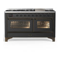 ILVE UM60FNR3MGB Majestic III 60 inch Dual Fuel Range with 9 Burners and Griddle, Dual Function Burner up to 25,000 BTU (Natural Gas, Triple Glass Door, Graphite Matte, Burnished)