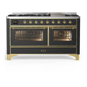 ILVE UM60FNR3MGG Majestic III 60 inch Dual Fuel Range with 9 Burners and Griddle, Dual Function Burner up to 25,000 BTU (Natural Gas, Triple Glass Door, Graphite Matte, Brass)