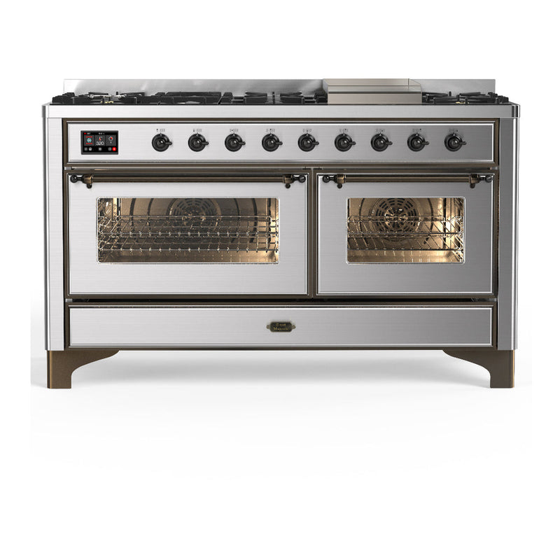 ILVE UM60FNR3SSB Majestic III 60 inch Dual Fuel Range with 9 Burners and Griddle, Dual Function Burner up to 25,000 BTU (Natural Gas, Triple Glass Door, Stainless Steel, Burnished) ILVE