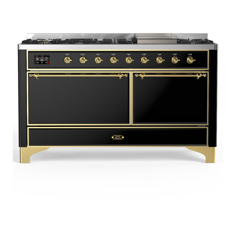 ILVE UM60FQNR3BKGLP Majestic III 60 inch Dual Fuel Range with 9 Burners and Griddle, Dual Function Burner up to 25,000 BTU (Liquid Propane, Solid Door, Glossy Black, Brass) ILVE
