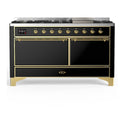 ILVE UM60FQNR3BKG Majestic III 60 inch Dual Fuel Range with 9 Burners and Griddle, Dual Function Burner up to 25,000 BTU (Natural Gas, Solid Door, Glossy Black, Brass)