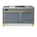 ILVE UM60FSQNR3BGG Majestic III 60 inch Dual Fuel Range with 7 Burners, Griddle and French Top, Dual Function Burner with up to 25,000 BTU (Natural Gas, Solid Door, Blue Grey, Brass)