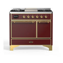 ILVE UMD10FDQNS3BUG Majestic II 40 inch Dual Fuel Range with 6 Burners, Griddle (Natural Gas, Solid Door, Burgundy, Brass)