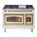 ILVE UN48FNMPAWG Nostalgie II Noblesse 48 inch Dual Fuel Range (8 Sealed Burners + Griddle, Natural Gas, Triple Glass Door, Antique White, Brass)