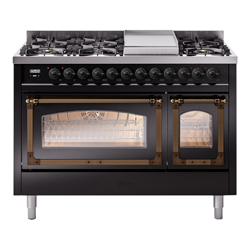 ILVE UN48FNMPBKBLP Nostalgie II 48 in. Dual Fuel Range in Glossy Black