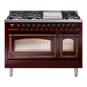 ILVE UN48FNMPBUB Nostalgie II Noblesse 48 inch Dual Fuel Range (8 Sealed Burners + Griddle, Natural Gas, Triple Glass Door, Burgundy, Burnished)