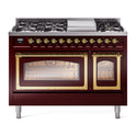 ILVE UN48FNMPBUG Nostalgie II Noblesse 48 inch Dual Fuel Range (8 Sealed Burners + Griddle, Natural Gas, Triple Glass Door, Burgundy, Brass)