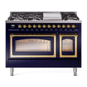 ILVE UN48FNMPMBG Nostalgie II Noblesse 48 inch Dual Fuel Range (8 Sealed Burners + Griddle, Natural Gas, Triple Glass Door, Midnight Blue, Brass)