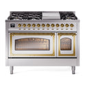 ILVE UN48FNMPSSG Nostalgie II Noblesse 48 inch Dual Fuel Range (8 Sealed Burners + Griddle, Natural Gas, Triple Glass Door, Stainless Steel, Brass)