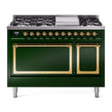 ILVE UN48FQNMPEGG Nostalgie II Noblesse 48 inch Dual Fuel Range (8 Sealed Burners + Griddle, Natural Gas, Solid Door, Emerald Green, Brass)