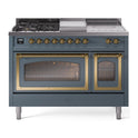 ILVE UN48FSNMPBGG Nostalgie II Noblesse 48 inch Dual Fuel Range (5 Sealed Burners + Griddle + French Top, Natural Gas, Triple Glass Door, Blue Grey, Brass)
