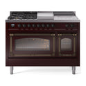 ILVE UN48FSNMPBUBLP Nostalgie II Noblesse 48 inch Dual Fuel Range (5 Sealed Burners + Griddle + French Top, Liquid Propane, Triple Glass Door, Burgundy, Burnished)