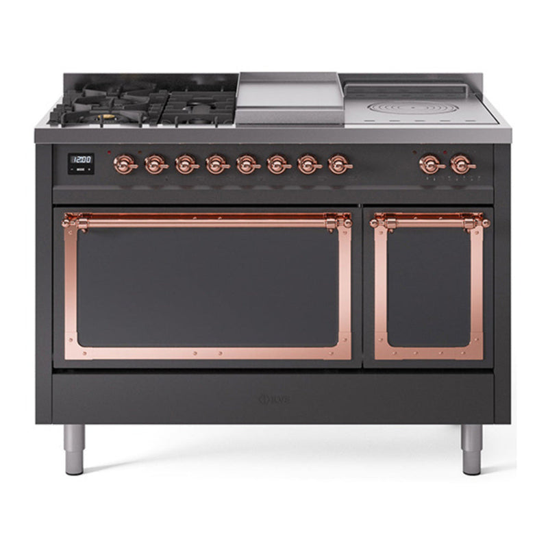 ILVE UN48FSQNMPMGP Nostalgie II Noblesse 48 inch Dual Fuel Range (5 Sealed Burners + Griddle + French Top, Natural Gas, Solid Door, Graphite Matte, Copper) ILVE