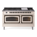 ILVE UN60FNMPAWBLP Nostalgie II Noblesse 60 inch Dual Fuel Range (9 Sealed Burners + Griddle, Liquid Propane, Triple Glass Door, Antique White, Burnished)