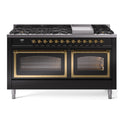 ILVE UN60FNMPBKG Nostalgie II Noblesse 60 inch Dual Fuel Range (9 Sealed Burners + Griddle, Natural Gas, Triple Glass Door, Glossy Black, Brass)