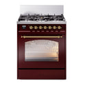 ILVE UP30NMPBUG Nostalgie II 30 inch Dual Fuel Range with 5 Burners with 4 cu. ft. Oven Capacity (Natural Gas, Triple Glass Door, Burgundy, Brass)
