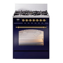 ILVE UP30NMPMBG Nostalgie II 30 inch Dual Fuel Range with 5 Burners with 4 cu. ft. Oven Capacity (Natural Gas, Triple Glass Door, Midnight Blue, Brass)