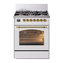 ILVE UP30NMPWHGLP Nostalgie II 30 inch Dual Fuel Range with 5 Burners with 4 cu. ft. Oven Capacity (Liquid Propane, Triple Glass Door, White, Brass)