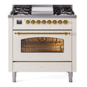 ILVE UP36FNMPAWGLP Nostalgie II 36 inch Dual Fuel Range with 6 Burners and Griddle (Liquid Propane, Triple Glass Door, Antique White, Brass)