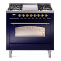 ILVE UP36FNMPMBG Nostalgie II 36 inch Dual Fuel Range with 6 Burners and Griddle (Natural Gas, Triple Glass Door, Midnight Blue, Brass)