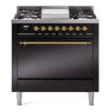 ILVE UP36FQNMPBKG Nostalgie II 36 inch Dual Fuel Range with 6 Burners and Griddle (Natural Gas, Solid Door, Glossy Black, Brass)