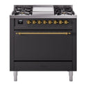 ILVE UP36FQNMPMGG Nostalgie II 36 inch Dual Fuel Range with 6 Burners and Griddle (Natural Gas, Solid Door, Graphite Matte, Brass)