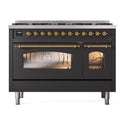 ILVE UP488NMPMGG Nostalgie II 48 inch Dual Fuel Range with 8 Black Brass Sealed Burners, Brass Trim (Limited Edition) (Natural Gas, Graphite Matte)