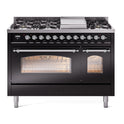 ILVE UP48FNMPBKCLP Nostalgie II 48 inch Dual Fuel Range with 5.02 cu. ft. Total Double Oven Capacity (8 Sealed Burners + Griddle, Liquid Propane, Triple Glass Door, Glossy Black, Chrome)