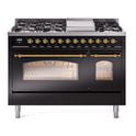 ILVE UP48FNMPBKG Nostalgie II 48 inch Dual Fuel Range with 5.02 cu. ft. Total Double Oven Capacity (8 Sealed Burners + Griddle, Natural Gas, Triple Glass Door, Glossy Black, Brass)
