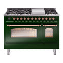 ILVE UP48FNMPEGP Nostalgie II 48 inch Dual Fuel Range with 5.02 cu. ft. Total Double Oven Capacity (8 Sealed Burners + Griddle, Natural Gas, Triple Glass Door, Emerald Green, Copper)