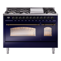 ILVE UP48FNMPMBB Nostalgie II 48 inch Dual Fuel Range with 5.02 cu. ft. Total Double Oven Capacity (8 Sealed Burners + Griddle, Natural Gas, Triple Glass Door, Midnight Blue, Burnished)