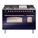 ILVE UP48FNMPMBP Nostalgie II 48 inch Dual Fuel Range with 5.02 cu. ft. Total Double Oven Capacity (8 Sealed Burners + Griddle, Natural Gas, Triple Glass Door, Midnight Blue, Copper)