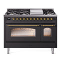 ILVE UP48FNMPMGG Nostalgie II 48 inch Dual Fuel Range with 5.02 cu. ft. Total Double Oven Capacity (8 Sealed Burners + Griddle, Natural Gas, Triple Glass Door, Graphite Matte, Brass)