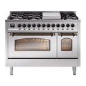 ILVE UP48FNMPSSB Nostalgie II 48 inch Dual Fuel Range with 5.02 cu. ft. Total Double Oven Capacity (8 Sealed Burners + Griddle, Natural Gas, Triple Glass Door, Stainless Steel, Burnished)