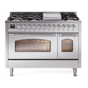 ILVE UP48FNMPSSC Nostalgie II 48 inch Dual Fuel Range with 5.02 cu. ft. Total Double Oven Capacity (8 Sealed Burners + Griddle, Natural Gas, Triple Glass Door, Stainless Steel, Chrome)