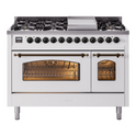ILVE UP48FNMPWHBLP Nostalgie II 48 inch Dual Fuel Range with 5.02 cu. ft. Total Double Oven Capacity (8 Sealed Burners + Griddle, Liquid Propane, Triple Glass Door, White, Burnished)