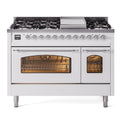 ILVE UP48FNMPWHC Nostalgie II 48 inch Dual Fuel Range with 5.02 cu. ft. Total Double Oven Capacity (8 Sealed Burners + Griddle, Natural Gas, Triple Glass Door, White, Chrome)