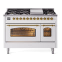 ILVE UP48FNMPWHGLP Nostalgie II 48 inch Dual Fuel Range with 5.02 cu. ft. Total Double Oven Capacity (8 Sealed Burners + Griddle, Liquid Propane, Triple Glass Door, White, Brass)
