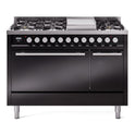 ILVE UP48FQMPBK Professional Plus II 48 inch Dual Fuel Range (8 Sealed Burners + Griddle, Natural Gas, Solid Door, Glossy Black)