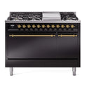 ILVE UP48FQNMPBKG Nostalgie II 48 inch Dual Fuel Range with 5.02 cu. ft. Total Double Oven Capacity (8 Sealed Burners + Griddle, Natural Gas, Solid Door, Glossy Black, Brass)