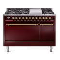 ILVE UP48FQNMPBUGLP Nostalgie II 48 inch Dual Fuel Range with 5.02 cu. ft. Total Double Oven Capacity (8 Sealed Burners + Griddle, Liquid Propane, Solid Door, Burgundy, Brass)